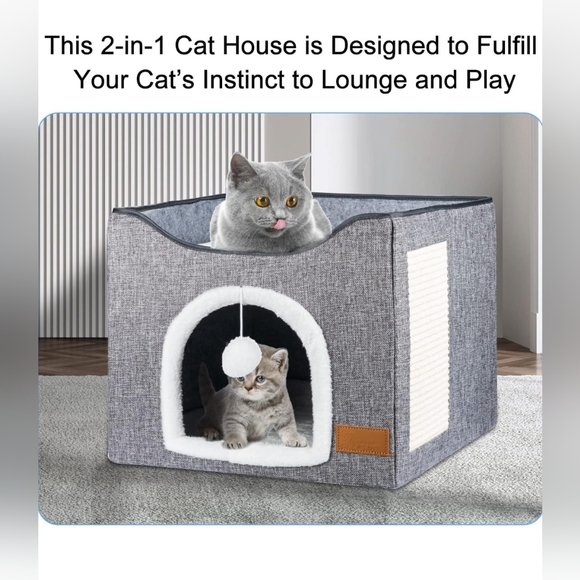 Wonder Creature 2 in 1 Cat Bed Cat House for Indoor Cats (Grey) - Picture 2 of 9